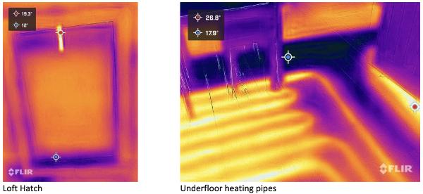 Thermal images of loft hatch and of underfloor heating pipes